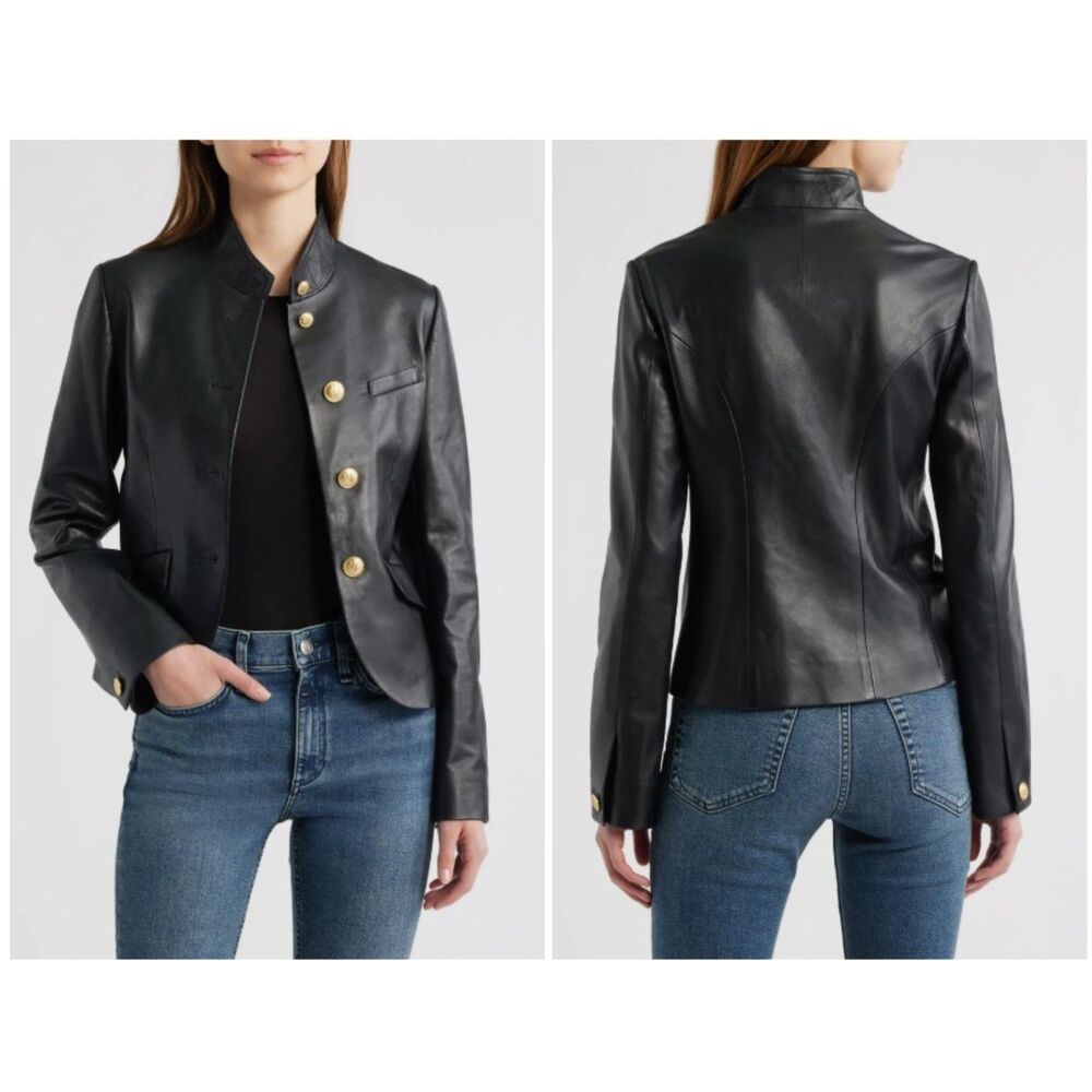 Rag & Bone Women's Black Sadie Crop Leather Blazer Gold Buttons Size 8